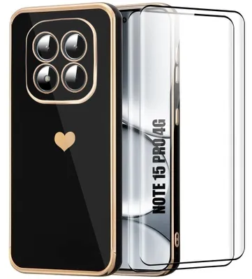 Image de Coque + 2 Verres Trempés pour Xiaomi Redmi Note 15 Pro 4G, Silicone Motif Cœur Anti-Rayure - Noir