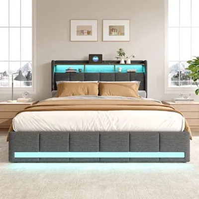 Image de Lit double tapissée 140x200 cm - Tissu lin doux, couleur gris - Avec éclairage LED et ports USB - Espace de rangement