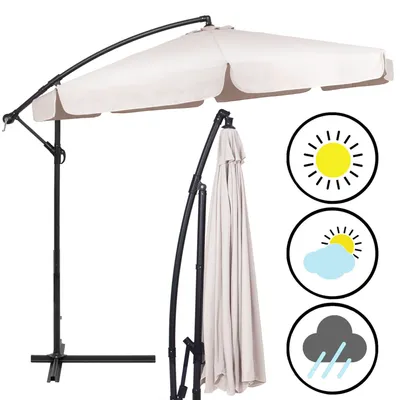 A large cantilever umbrella is shown in an open position, with a second, closed umbrella to the right. Three circular icons depicting weather conditions are also present.