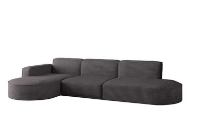 A dark gray sectional sofa is shown against a white background.