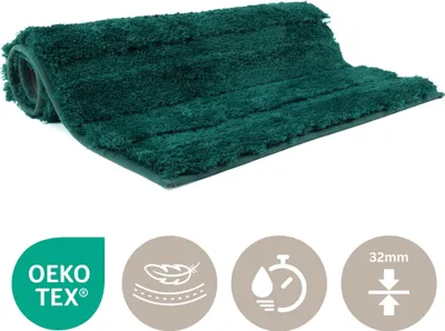 A green bath mat is shown rolled up on a white background, with several circular icons below it.