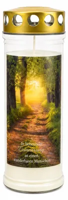 Produktbild von 7-Tage-Brenner Grabkerze/Grablichte – Transparent Baumallee-Motiv