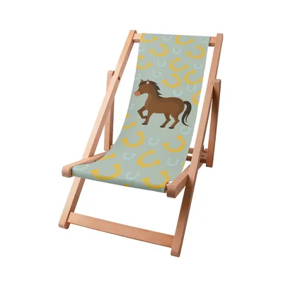 A wooden deck chair with a fabric seat featuring a cartoon horse and horseshoe pattern.