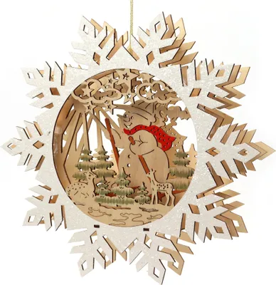 Produktbild von 3D Beidseitiger Schwibbogen Lichterbogen Holzschnitt als Schneeflocke zum Aufhängen mit Licht 29*6*27,5cm batteriebetrieben mit On-Off Schalter, Timer Funktion (6h On/18h Off)