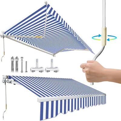 Produktbild von Aopunly Gelenkarmmarkise 350x300cm Blau-Weiß gestreift Sonnenmarkise Terrassenmarkise für Wandmontage, Balkonmarkise mit Handkurbel Sonnenschutz UV-Schutz