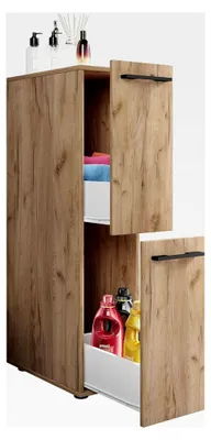 Produktbild von Badezimmerschrank aus Holz | Badmöbel | Nischenschrank | Raumteiler mit zwei Schubladen | Hochschrank | Maße ca. H. 110 x B. 25 x T. 50 cm