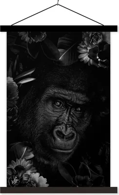 Produktbild von MuchoWow® Textilposter Botanischer Affe auf schwarzem Hintergrund - schwarz und weiß 40x60 cm mit schwarzem Rahmen - Wanddekorationen