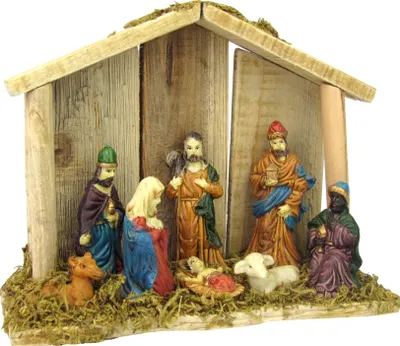 Produktbild von Krippe XXL aus Holz, incl. Figuren, mit Moos verziert, 20x16x6,5cm