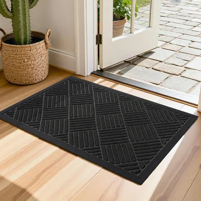 Deurmat buiten 43,3x75 cm antislip zwart polyester ruitpatroon