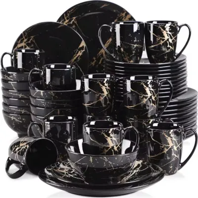 Image de Services de table élégants – 12 personnes – Noir – Céramique – Assiettes plates et petites assiettes