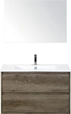 Produktbild von Sanox Badmöbel-Set Porto BxHxT 91 x 170 x 51 cm Frontfarbe nebraska oak mit Waschtisch Keramik weiß, Waschtischunterschr
