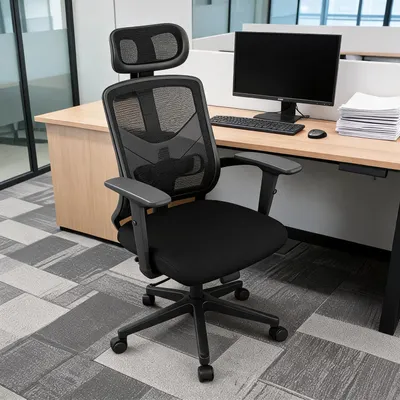Zdjęcie produktu dla Ergonomiczne siateczkowe krzesło biurowe z wysokim oparciem, regulowany zagłówek i wsparcie lędźwiowe