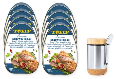 Produktbild von TULIP 8 x 450 g Sandwichbelag aus Schweinefleisch Frühstücksfleisch + Lunchbox