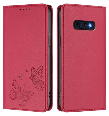 Obrázek produktu pro Kožené pouzdro pro Samsung Galaxy S10E, motýlí ražbou, peněženkové flip pouzdro se stojánkem Červená