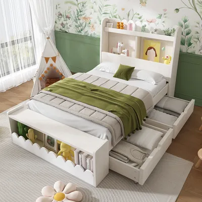 Obrázek produktu pro okwish klasická postel pro mládež 90x200 cm s dřevěným roštem, postel se zásuvkami, dřevěný rám postele s regálem a lavičkou (bez matrace) - bílá