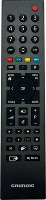 A black remote control with various buttons and a brand logo at the bottom.