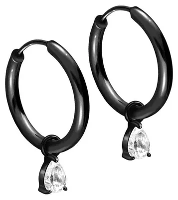 Produktbild von Chirurgenstahl Ohrclicker Creolen EINGEFASSTER KRISTALLTROPFEN Schwarz Innendurchmesser: 14mm + Designstärke: 2mm