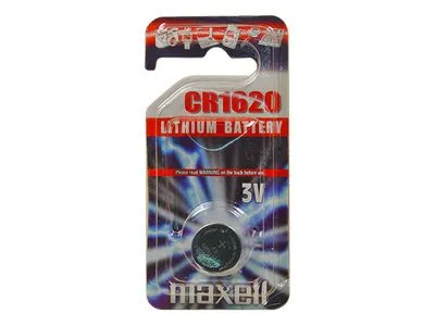 A Maxell CR1620 lithium battery in its retail packaging.