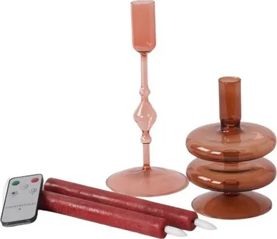 Image de WinQ ! - Bougeoirs ronds en verre - avec bougies (Led) - en rose et rose - Porte-bougies en verre 9.5x15cm et 10x22cm