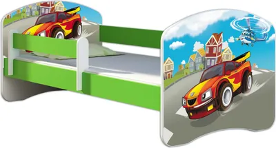 Obrázok produktu pre ACMA posteľ pre mladých Detská posteľ Junior posteľ kompletná súprava s lamelovým roštom a ochranou proti vypadnutiu matraca Zelená 03 Racing Car 160x80