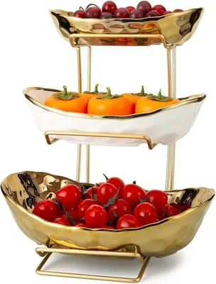 Produktbild von Famanu Keramische Obstschale mit 3 Ebenen - Goldfarben