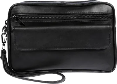 A black leather clutch bag with a wrist strap and zippered compartment.