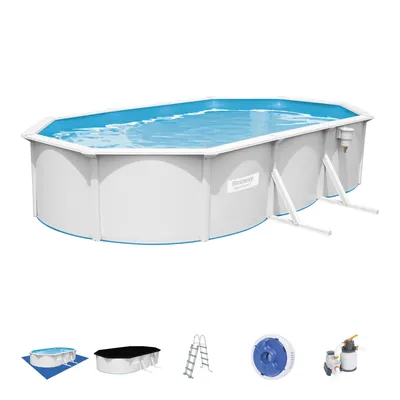 An oval above-ground swimming pool filled with water, shown on a white background with accessories displayed below.