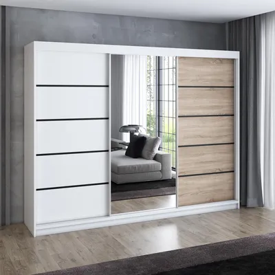 Produktbild von Schwebetürenschrank 200 cm, 3-türig, mit Spiegel & 4 Schubladen, Retro-Stil, Kleiderschrank VILUNO 2 in Weiß  /Weiß / Sonoma