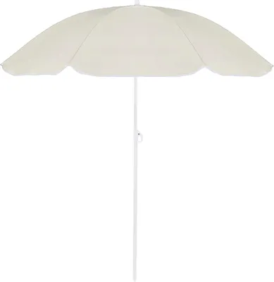 A beige beach umbrella with a white pole against a white background.