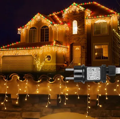 Produktbild von 2 Stück 5M Eisregen Lichterkette Außen Innen Warmweiß Lichtervorhang 31V Weihnachtsbeleuchtung 200 LEDs Timer 8 Modi, Deko Fenster Garten Zimmer
