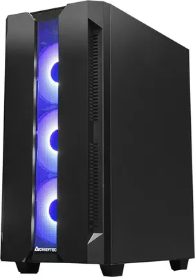 A black computer case with blue LED fans visible through the front.