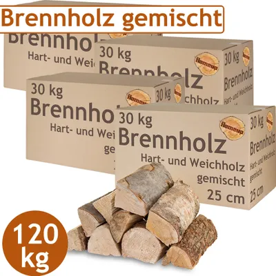 Obrázek produktu pro Palivové dřevo Smíšené palivové dřevo 120 kg Buk Dub Bříza Borovice Smrk Dřevo pro kamna a krb Krbová mísa Grilovací dřevo 25 cm Komorové dřevo Sušené Flameup
