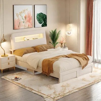 Obrázok produktu pre Čalúnená posteľ Fortuna Lai 140x200 cm s úložným priestorom, LED osvetlením a zásuvkami - zamat, béžová, 2 zásuvky