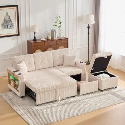 Produktbild von LVHOM Schlafsofa 3 in 1 mit USB und LED, 3 Sitzer Sofa mit Schlaffunktion, Sofabett mit Seitenregal, Modulares Sofa mit Ottomane, Cordstoff, Beige