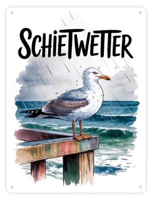 Produktbild von Möwe im Regen Metallschild XXL in 28x38 cm - SCHIETWETTER