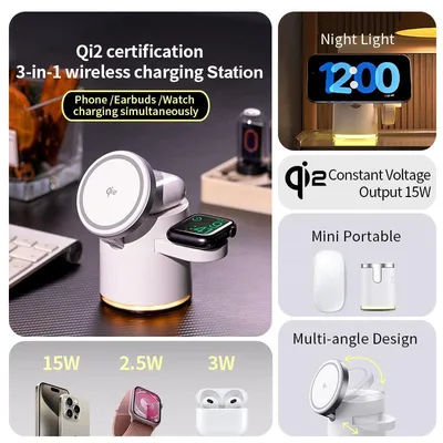 Produktbild von Qi2 Wireless-Ladegerät 3-in-1-Schnellladestation mit klappbarem Halter für iPhone 16, 15, 14 Pro Max, AirPods und Apple Watch