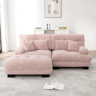 Produktbild von Cloud Ecksofa für Wohnzimmer, Chenille Doppelsofa mit 2 Lendenkissen und 2 Dekokissen, Polstersofa mit breiten Armlehnen und Ottoman, Chenille Rosa