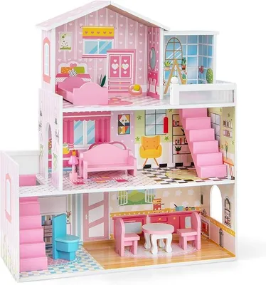 Imagen del producto de Casita de muñecas de madera, con 3 plantas, 10 muebles y 5 habitaciones, una casa de ensueño para niñas, villa de muñecas, juguete para niños a partir de 3 años