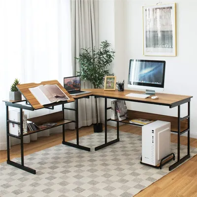 Image de Bureau en forme de L - Bureau d'angle - Poste de travail - Bureau informatique - Bureau avec plateau réglable - 170 x 150 x 75 cm