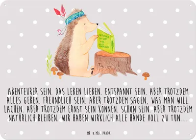 Produktbild von Mr. & Mrs. Panda Wandbild Igel Federschmuck DIN A3 - Grau Pastell - Geschenk, Camping, Indianer, tafel, Lagerfeuer, Abenteuer, Tiere, Türschild, Retro Blechschild, Schild