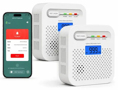 Immagine prodotto di Rilevatore di monossido di carbonio WiFi, durata della batteria di 10 anni, display LCD digitale, confezione da 2