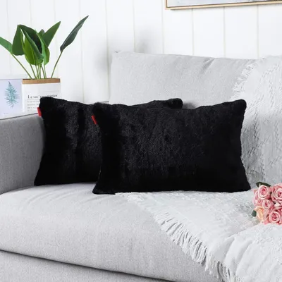 Immagine prodotto di Set di 2 federe per cuscini, 30x50 cm, colore nero, in ecopelliccia, effetto morbido, cuscini decorativi