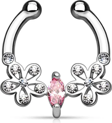 Produktbild von Nasenpiercing Nasenring Fake Piercing Septum Helix Zirkonia Kristalle Blume silber-rosa