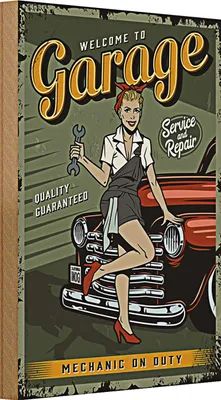 Produktbild von Holzschild Retro 20x30cm Pinup welcome to Garage service