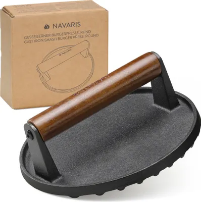 Produktbild von Navaris Smashed Burger Presse - Burgerpresse Gusseisen - Burger gesund und schmackhaft zubereiten - Grillpresse - Fleischbeschwerer - 17,5 x 17,5 cm -