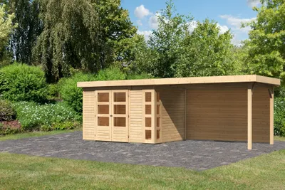 Produktbild von Karibu Gartenhaus Gerätehaus Kerko 4 im Set mit Anbaudach 2,80 m Breite und 19 mm und Rückwand naturbelassen 561x217x211 cm