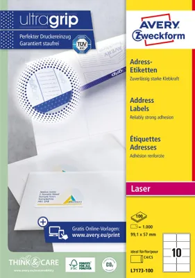 Produktbild von Avery - Etikett L7173-100 99,1x57mm weiß 1000 Etiketten | 5 Stück