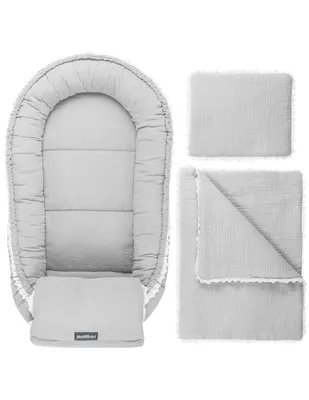 Obrázok produktu pre Detské hniezdo Cozy Musselin Grey s dekoratívnou škrupinou: vankúš a vankúš