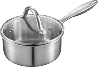 Produktbild von SucceBuy Kochtopf Kasserolle mit Glasdeckel, 1,42 L Edelstahl-Stielkasserolle, Suppentopf mit ergonomischem Griff, spülmaschinengeeigneter Milchtopf in Silber