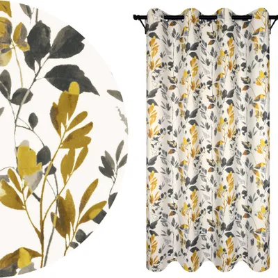 A close-up of a curtain pattern and a full curtain hanging.